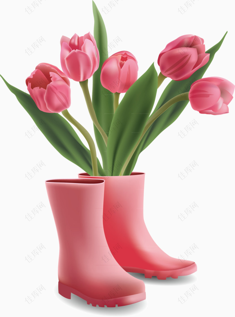 粉色雨靴里的郁金香鲜花装饰