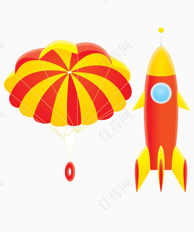 降落伞和火箭卡通模型