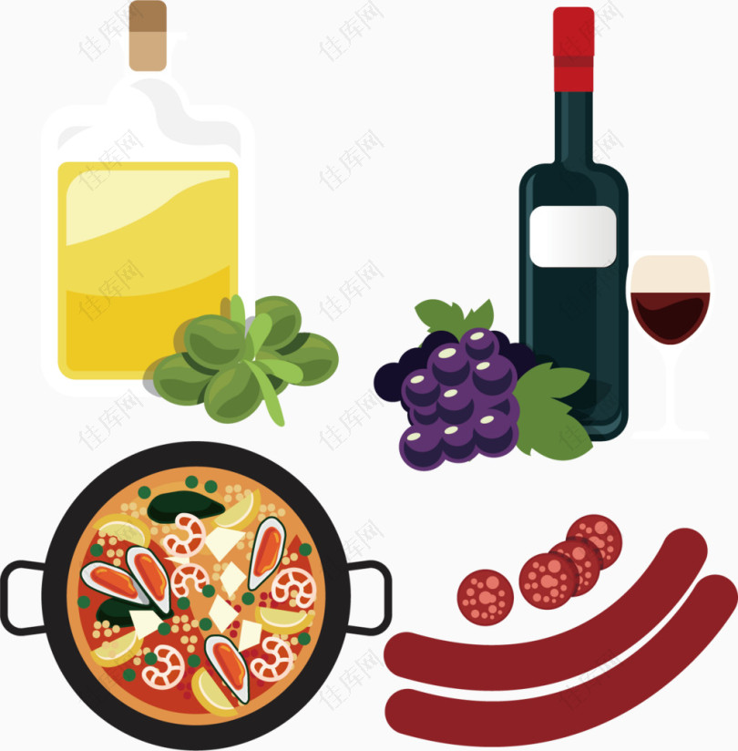 西班牙海鲜烩饭西班牙火腿肠橄榄油图标元素