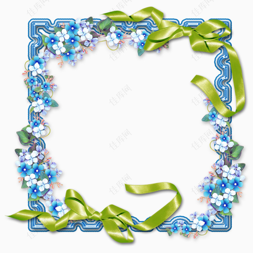 蓝色花纹花朵绿色丝带边框