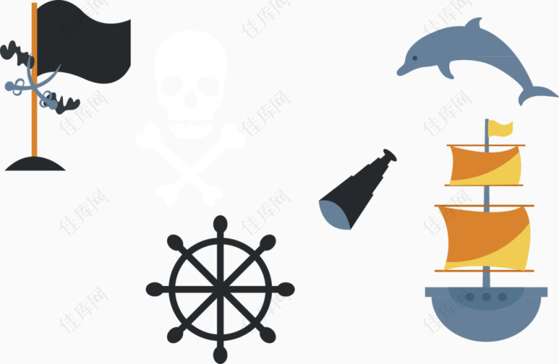 帆船望远镜海豚旗PNG矢量元素