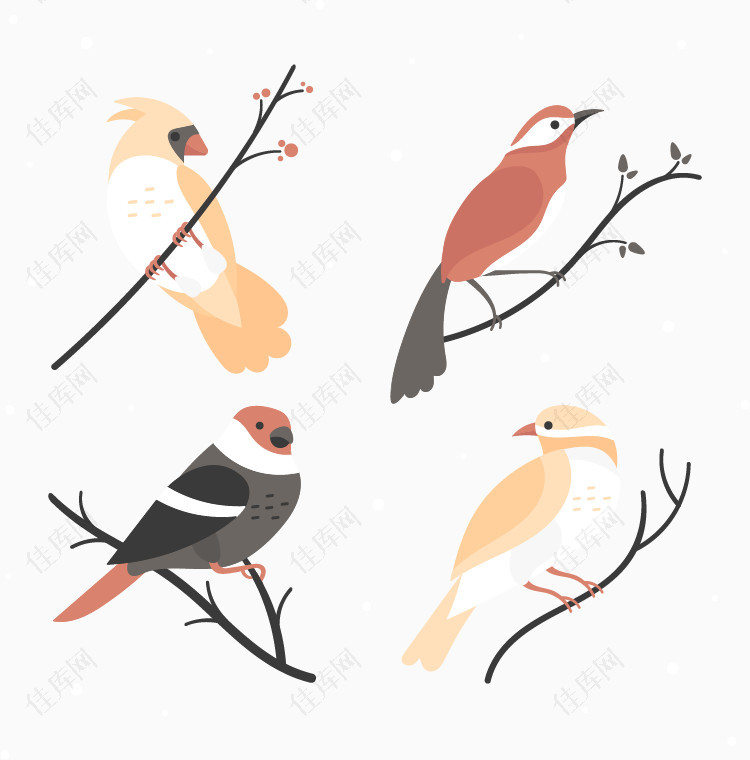四只冬季小鸟图案
