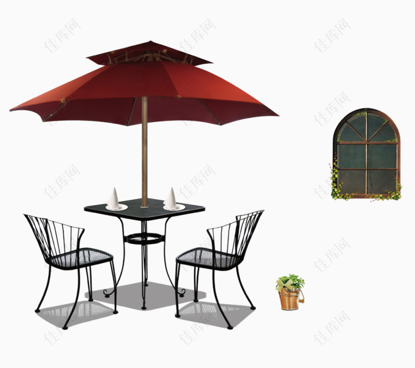 红色太阳伞休闲椅花盆窗口
