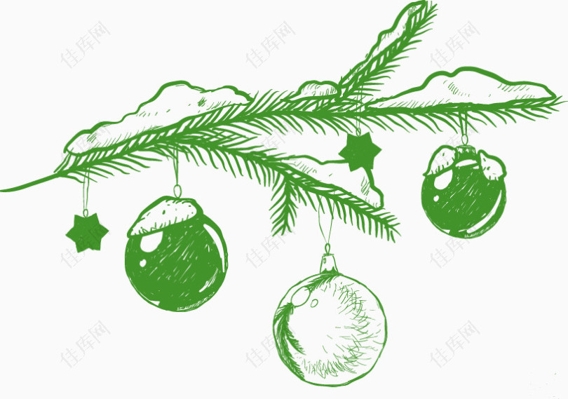手绘绿色松枝圣诞球图案