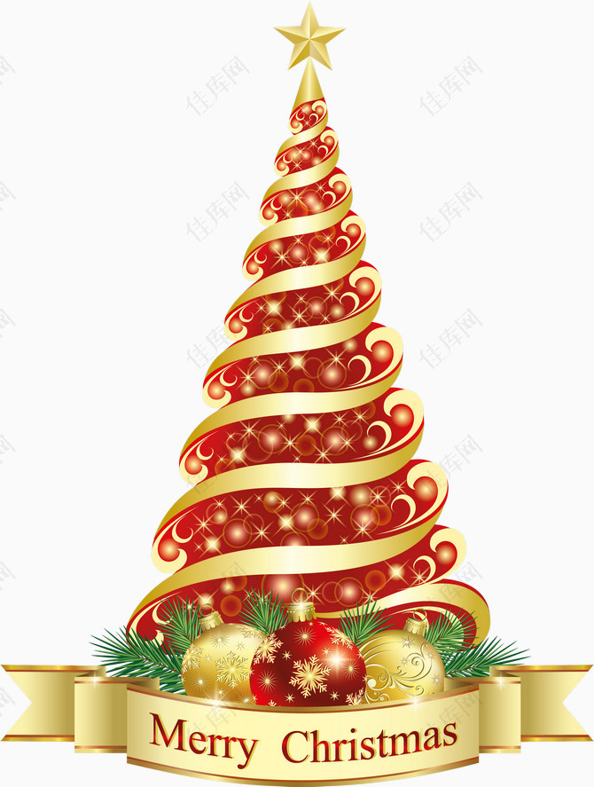 金色丝带缠绕的圣诞树