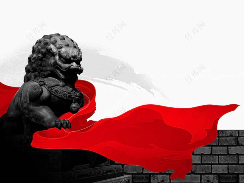 铜狮雕像红飘带