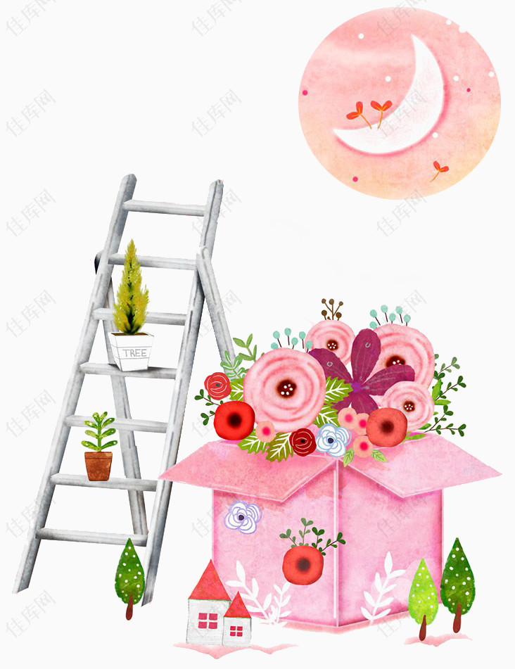 手绘粉色礼物和花朵