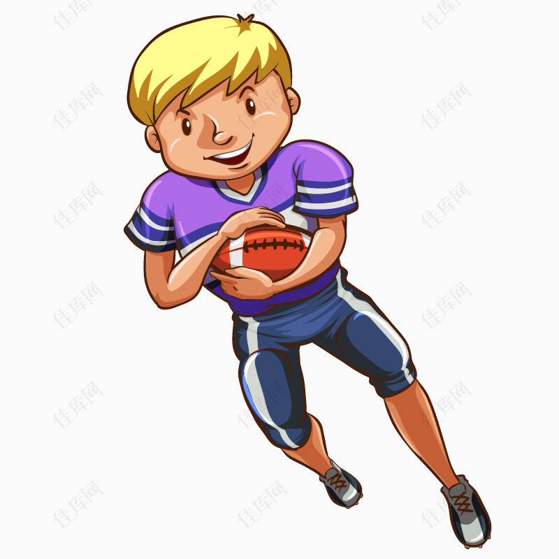 卡通手绘紫色衣服抢橄榄球男孩