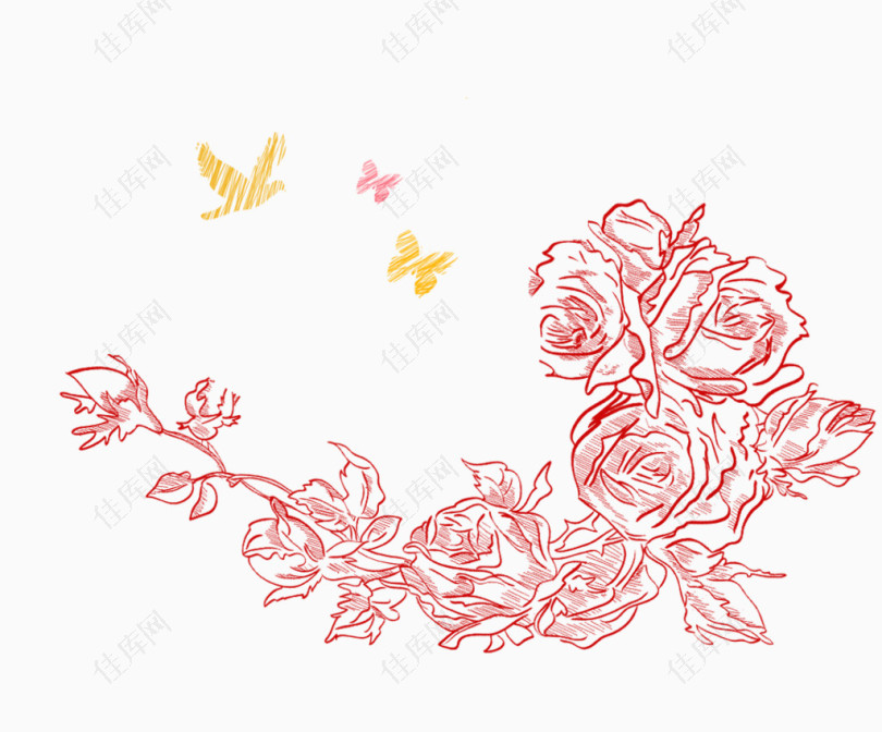 小鸟蝴蝶花朵粉笔画素材