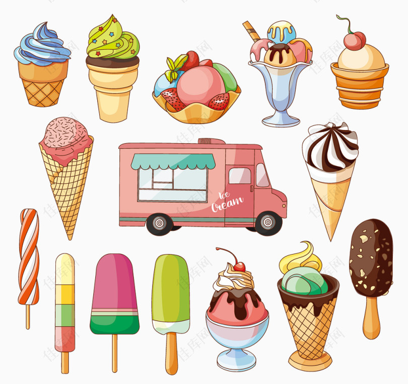 彩色冰淇淋雪糕等甜品矢量素材