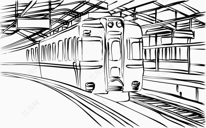 手绘线条绘画地铁到站