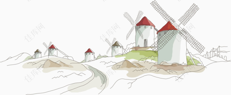 手绘节能低碳风车发电的村庄